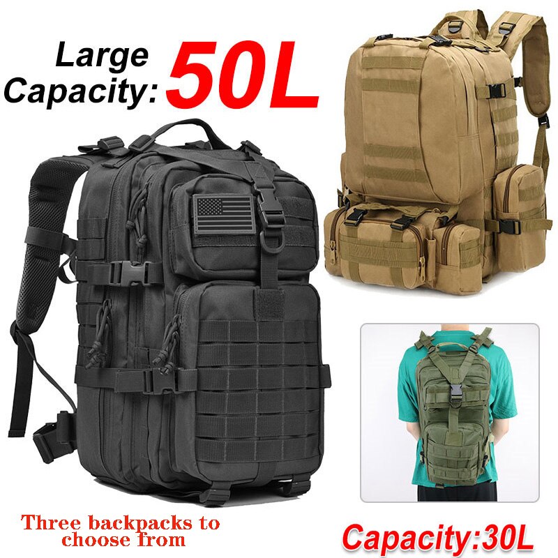 30-50l 대용량 남자 군용 배낭, 전술 가방, 수납 공간 3 개, 야외 방수 소프트백, 버그 배낭 하이킹 캠핑 사냥 가방